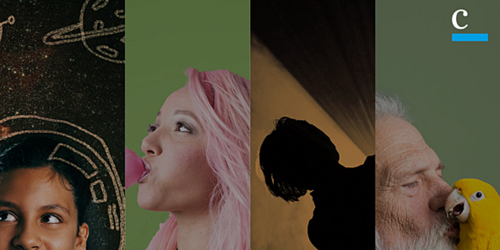 a compilation image of a young girl dreaming of being as astronaut, a woman blowing a bubble with bubble gum, a silhouette of a person and an older gentleman kissing a yellow parrot on the cheek